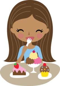 drawing of girl eating desserts