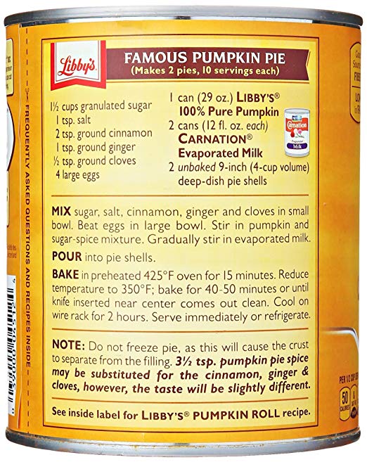 Pumpkin Pie Recipe on back of a tin of Libby's Pumpkin Puree